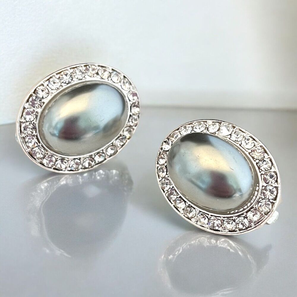 Vintage 1980s Clip On Earrings Simulated Pearl Crystal Silver Tone Halo - 9C